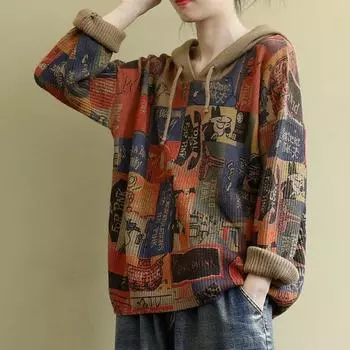 Литературный ретро повседневный модный трикотажный худи осень женский свободный принтованный свитер пальто M хаки