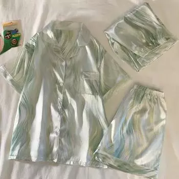 Литературный ретро принт с волнами воды женская пижама из 3 предметов классическая элегантность струящаяся зеленая домашняя одежда для сна новая осенняя одежда для сна M