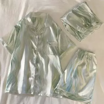 Литературный ретро принт с волнами воды женская пижама из 3 предметов классическая элегантность струящаяся зеленая домашняя одежда для сна новая осенняя одежда для сна M