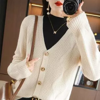 Литературный ретро-стиль v-образный вырез повседневный свитер куртка женский свободный вязаный кардиган новый осенне-зимний топ M