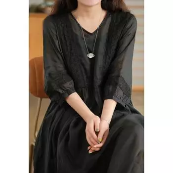 Литературный стиль шнуровка длинный V-образный вырез маленький освежающий удобный модный простой рукав семь минут женское платье плюс размер XXL белый