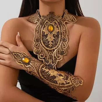 Литературный стиль Винтаж золотое кружево ожерелье браслеты наборы для женщин преувеличенный нерегулярный кристалл ключица цепь браслет обертывание комплект ювелирных изделий