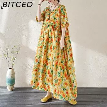 Литературный свободный тонкий темперамент в длинной части большого платья-качели Платья большого размера с короткими рукавами One Size розовый