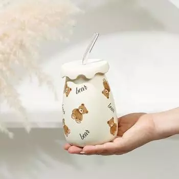 Little Bear Toast Straw Ceramic Mug with Lid Girls Milk Breakfast Home New Office Coffee Water Cup Drinkware 500ml