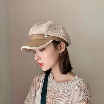 Little Fragrant Style Letters Stripe Women Berets Korean Style Hat Painter Hat PU Leather белый