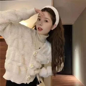 Little Fresh короткий свитер с v-образным вырезом, женский кардиган, свободное пальто, весна 2023, повседневный японский мягкий вязаный свитер с длинными рукавами, женский One Size небесно-голубой