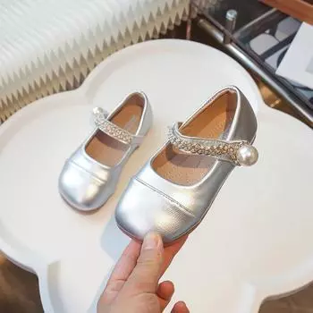 Little Girl Leather Shoes Classic Simple Kid Princess Ballet Shoes Silver Patchwork Children Fashion Causal Flat Shoes Versatile 24 бежевый