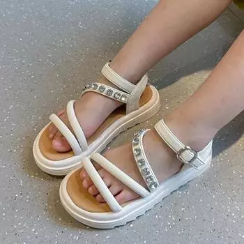 Little Girl Sandal Summer Kids Princess Causal Rhinestone Sandals Fashion Children School Beach Roman Sandals Open-toe Versatile 26 бежевый