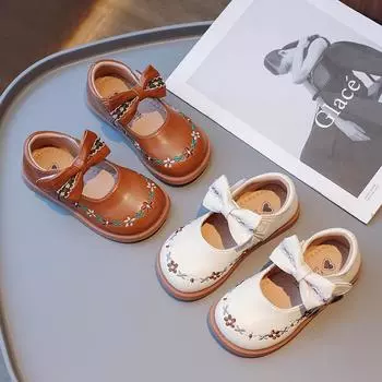 Маленькие девочки кожаные туфли для вечеринки свадьбы милые детские вышитые цветы обувь модные детские туфли принцессы с бантом 23 коричневый