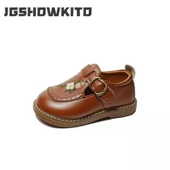 Little Girls Leather Shoes Toddlers Kids Fashion Soft Princess Flats T-strap Vintage Retro Embroidered Flowers Sweet 2024 Autumn 21 бежевый