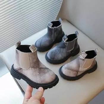 Little Kids Fashion Boots 2024 Autumn Winter Brand New Boys Girls Ankle Boots Zipper Toddlers Children Chelsea Boots Anti-skid 21 серый