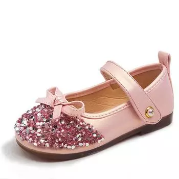 Little Princess Shoes 2024 Girls Crystal Shoes Spring Flat Children Mary Jane Shoes Solid with Bow Shallow Hook & Loop for Party 21 серебряный