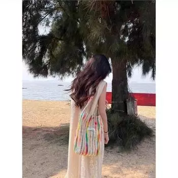 Little White Rabbit few ins wind rainbow striped canvas bag heavy industry three-dimensional embroidery armpit bag large capacity handbag