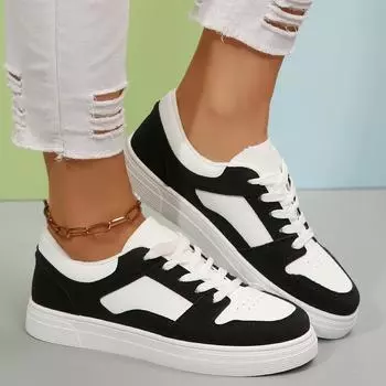 Little white shoes 2025 new flat baseplate shoes lace-up low-top foreign trade large-size fashion sports and leisure shoes women 36 чёрный