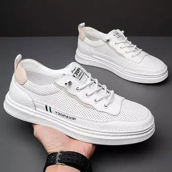 Little white shoes men s cowhide breathable men s casual leather shoes flat-soled fashion trendy shoes hollowed out one-pedal lazy board shoes 38 белый