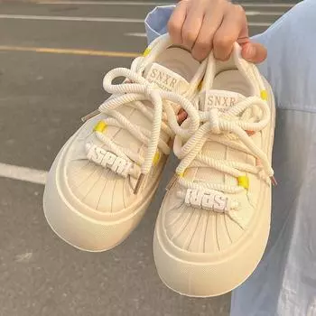 Little white shoes women s 2024 new popular spring and summer platform canvas shoes shell head shoes ins trendy versatile board shoes 35 бежевый