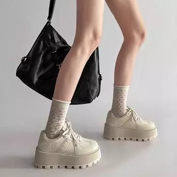 Little white shoes women s 2025 spring new heightening muffin women s comfortable leisure explosion fashion lace-up leisure thick baseplate 35 бежевый