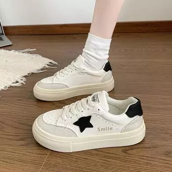 Little white shoes women s new versatile student casual shoes star color matching round head lace-up sports board shoes 35