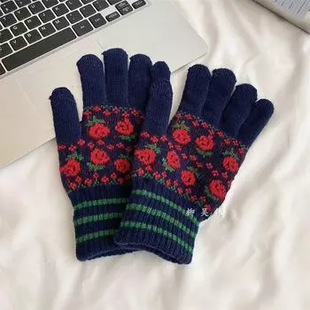 Liu Wuwei Women s Knitted Wool Thickened Warm Gloves Navy blue Roses] All yards