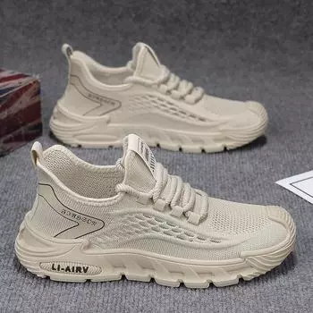 Live 2025 fly-woven men s shoes summer breathable thin mesh hollow sports shoes men s comfortable casual travel shoes 39 бежевый