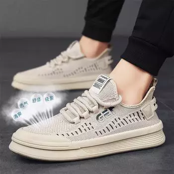 Live 2025 summer new men s low-top breathable flying woven tide shoes hollow sports running cloth shoes casual shoes men 39 чёрный