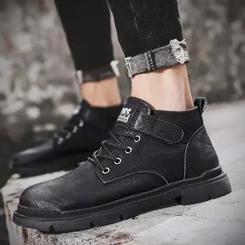 Live broadcast hot autumn and winter help Martin boots microfiber high version outdoor tooling shoes leather shoes men s velvet casual trendy 39 чёрный