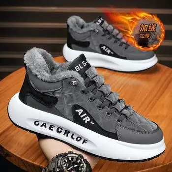 Live stream autumn and winter velvet waterproof down cloth medium help thick-soled sports board shoes outdoor tooling casual trendy men s shoes 39 чёрный