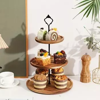 Living Room Coffee Table Wooden Table Mat Multi-layer Breakfast Tray Cake Tray Storage Rack, Wooden 3-layer Dessert Snack Fruit Plate, Home Desk Tray