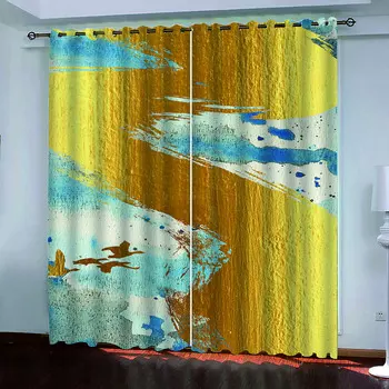 Living Room Curtains 2 Pieces Fashion 3D Gold Art Bird Print Window Blackout Curtains For Bedroom Decoration Hook W70xH160cmx2&Grommet Top