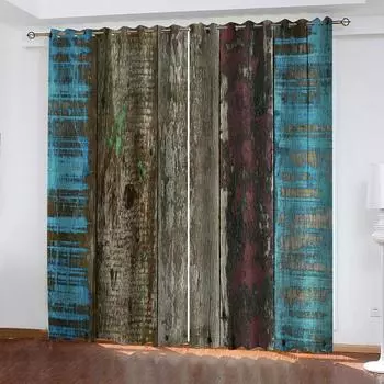 Living Room Curtains 2 Pieces Fashion 3D Blackout Wooden Board 2 Pieces Shading Window Curtains For Bedroom Decoration W70xH160cmx2&Grommet Top