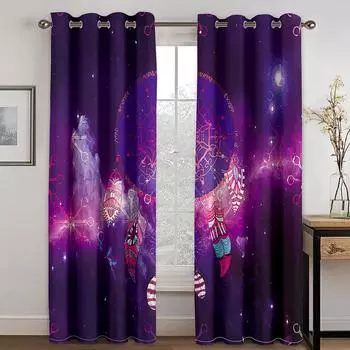 Living Room Darkening Blackout Curtains Purple Dream Catcher Window Curtains Polyester Thermal Insulated Drapes Decor W132cm x H160cm&Hook