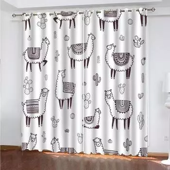 Living Room Drape 3D Print Animal Cartoon Alpaca Style 2 Panel Shading Polyester Window Curtain For Bedroom Living Room Decor W70xH160cmx2&Grommet Top
