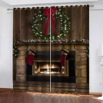 Living Room Drape 3D Print Christmas Tree Gift Style 2 Panel Shading Polyester Window Curtain For Bedroom Living Room Decor W70xH160cmx2&Grommet Top