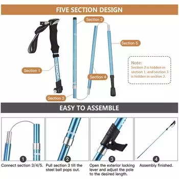 LIXADA 1 пара складных треккинговых палок, 5 секций, складная трость, телескопическая трость светло-синий