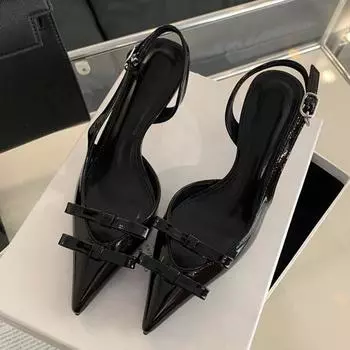 Liyke Белые туфли-лодочки с бантом на шпильке с открытой пяткой Женские туфли с острым носком из лакированной кожи на высоком каблуке Туфли для выпускного вечера Босоножки с пряжкой сзади 35