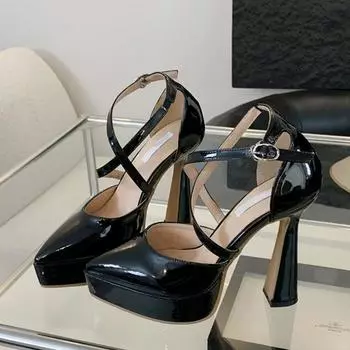 Liyke Черная лакированная кожа Острый носок Супервысокий каблук Стрипы для танца на пилоне Модные туфли-лодочки на платформе с ремешком с пряжкой для женщин Сандалии 35