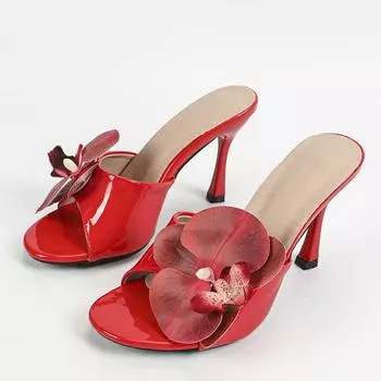 Liyke, большой размер 42–43, женские тапочки, удобные, из лакированной кожи, с открытым носком, с большими цветами, дизайнерские сандалии, женские туфли на высоком каблуке, мюли, шлепанцы 35