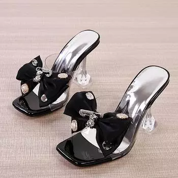 Liyke, большой размер 46, женская обувь, летние вечерние тапочки, модные дизайнерские сандалии с металлической пряжкой и бантом, женские прозрачные шлепанцы на каблуке 34 чёрный