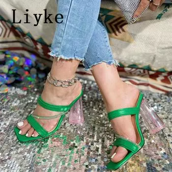 Liyke Дизайнерские Странные Прозрачные Каблуки Современные Шлепанцы Женские Хрустальные Узкие Ремешки Квадратный Носок Сандалии Женская Летняя Обувь Зеленый 35