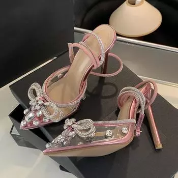 Liyke Дизайнерские хрустальные туфли-лодочки с ремешком на щиколотке, женские туфли-стилет, сандалии-слингбэки, модные туфли с драгоценными камнями, с острым носком, свадебные туфли для вечеринки, высокий каблук 35