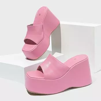 Liyke Дизайнерские тапочки с открытым носком на танкетке для женщин Уютные нежно-розовые кожаные босоножки на толстой платформе Женские туфли на высоком каблуке Шлепанцы 35