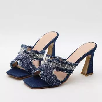 Liyke дизайнерские женские тапочки со стразами, сандалии, синие джинсовые летние шлепанцы 8 см, высокие каблуки, сексуальные туфли с квадратным носком для вечеринки 36