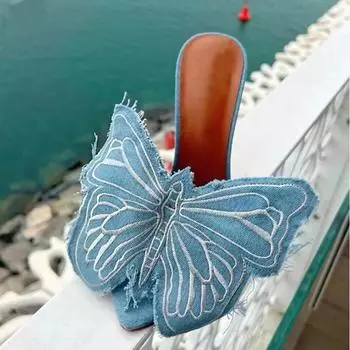 Liyke Fashion Blue Denim Big Butterfly Женские тонкие туфли на высоком каблуке, сандалии, сексуальные шлепанцы с острым носком, мюли для вечеринки в стиле стриптиза 35