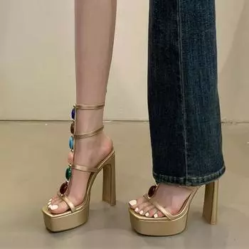 Liyke Fashion Design Colour Gem Ankle Strap Women Chunky Platform Sandals Summer Square Toe Super High Heels Wedding Prom Shoes 35
