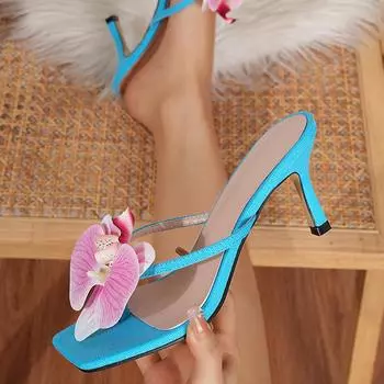 Liyke Fashion Design Flowers Pinch Narrow Band Square Toe Thin High Heels Flip Flops Women Slippers Sandals Outdoor Party Shoes 36