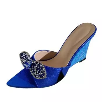 Liyke Fashion Glitter Rhinestones Bowknot Women Wedgs Slippers Summer Party Slides Shoes Sandal Female Blue High Heels Bos ... 35