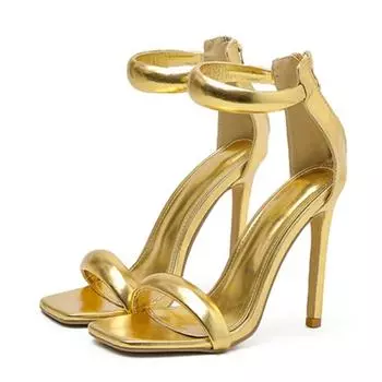 Liyke High Quality Cozy PU Leather Cover Strap Golden Sandals Women Wedding Banquet Shoes Sexy Square Toe Club Stripper Heels 35