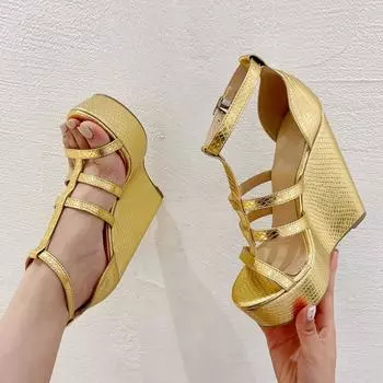 Liyke Высококачественные Уютные Кожаные Туфли на Платформе и Танкетке с Принтом Змеи, Женские Босоножки с Открытым Носком и Ремешком на Пряжке, Женские Туфли для Вечеринки 35