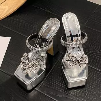 Liyke Летние 14 см Супер Высокие Каблуки Современные Шлепанцы Мода Кристальная Бабочка Массивные Сандалии на Платформе Женская Вечеринка Обувь для Стриптиза 35