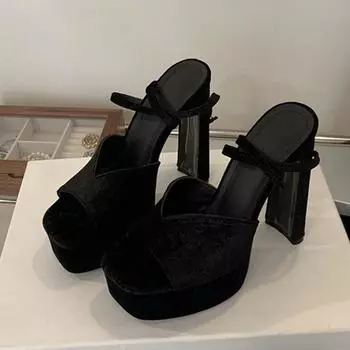 Liyke Летние красные вельветовые туфли на толстой платформе, женские сексуальные сандалии на очень высоком каблуке с квадратным носком, женские свадебные туфли для банкета, размер 42 35